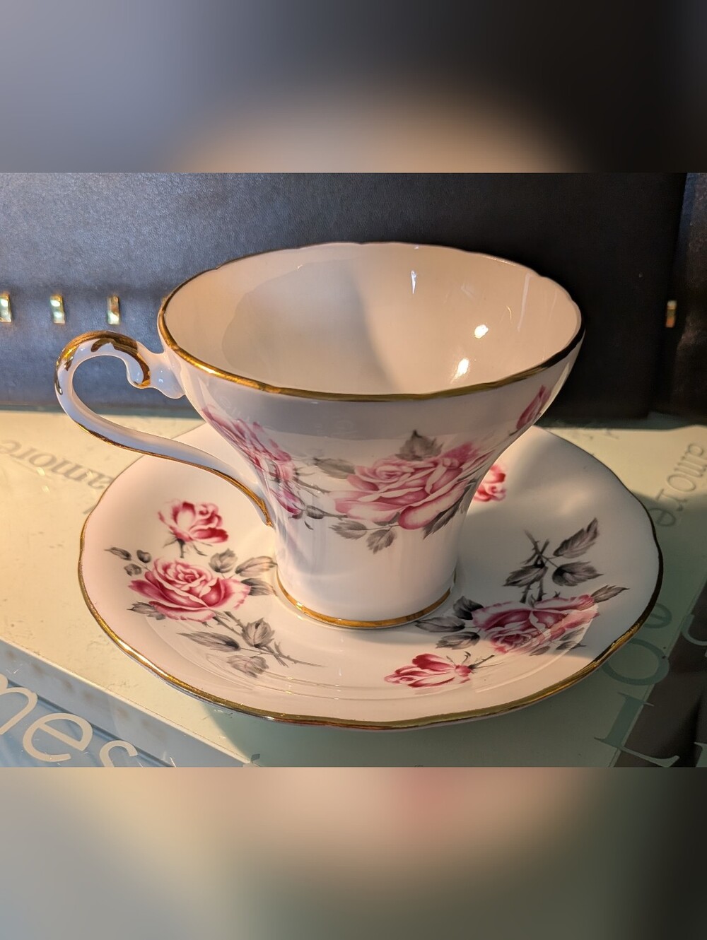 PARAGON White Porcelain Teacup and Saucer with Pink Rose Motif and Gold Trim